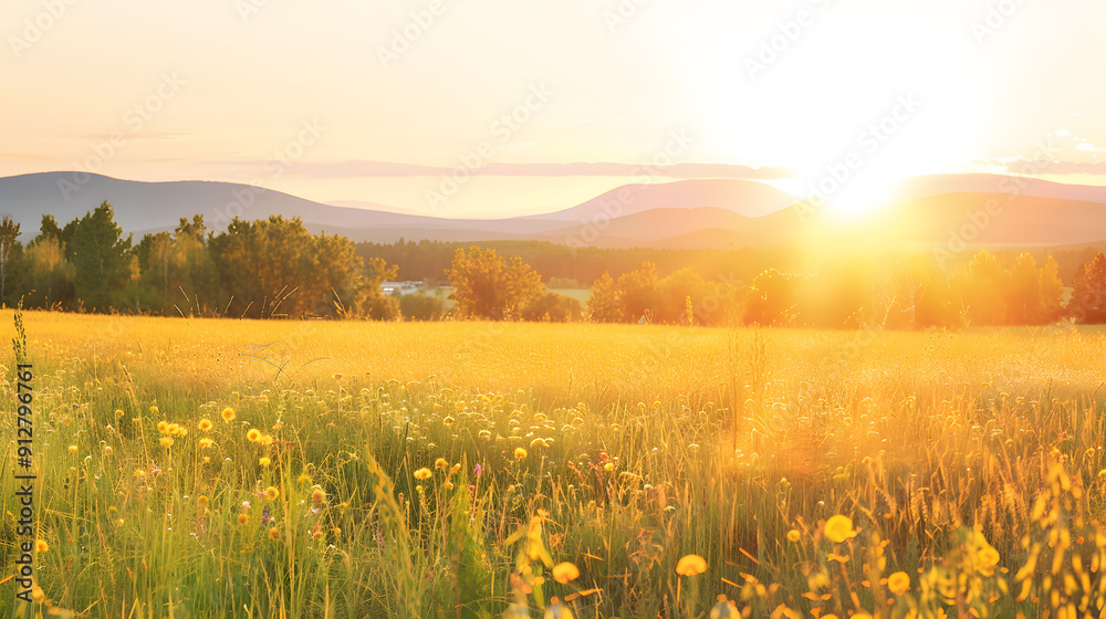 Vibrant wildflower meadow with distant mountains at sunset Vibrant wildflower meadow with distant mountains at sunset