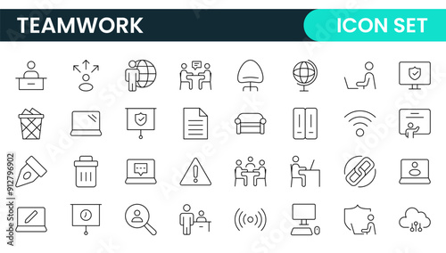 Teamwork linear icons collection. Set of coworking space icons. Business teamwork, team building, work group, and human resources minimal thin line web icon set.