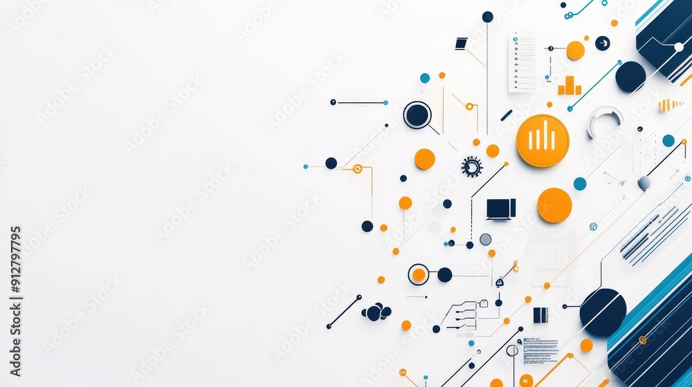 Abstract white background with blue and orange geometric shapes, lines, and icons. Abstract white background with blue and orange geometric shapes, lines, and icons.