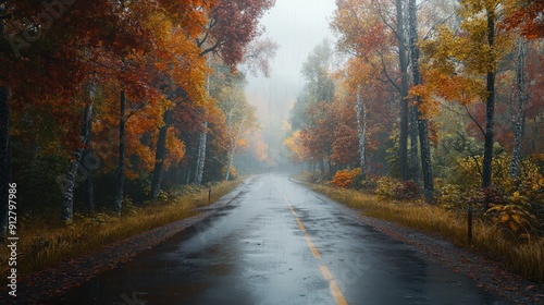 An overcast morning reveals a deserted road flanked by colorful autumn trees, their leaves glistening with moisture from overnight rain