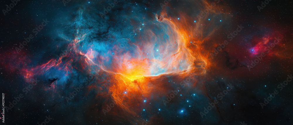 Vibrant cosmic nebula with fiery orange and blue hues, showcasing the beauty of space and stellar creation. Ideal for astronomy themes. Vibrant cosmic nebula with fiery orange and blue hues, showcasing the beauty of space and stellar creation. Ideal for astronomy themes.