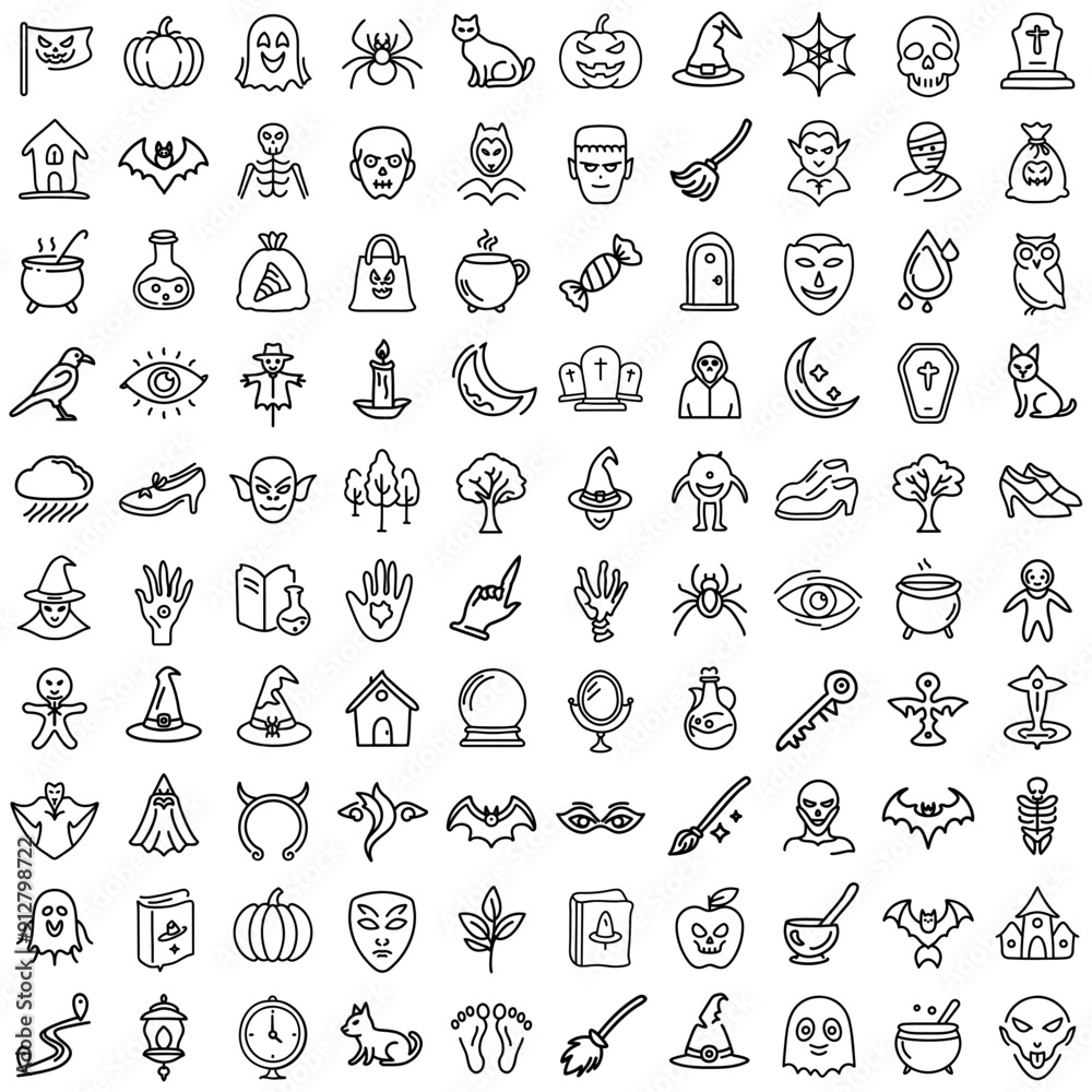 Black and White Halloween Icon Set with Various Spooky Elements Black and White Halloween Icon Set with Various Spooky Elements