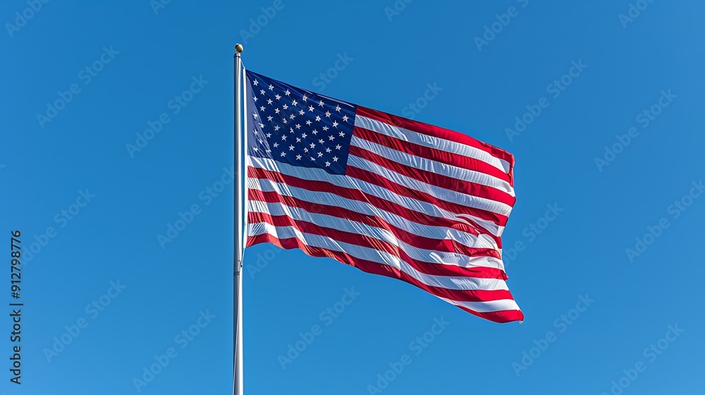 American flag waving in the wind against a clear blue sky, vibrant colors and dynamic motion American flag waving in the wind against a clear blue sky, vibrant colors and dynamic motion
