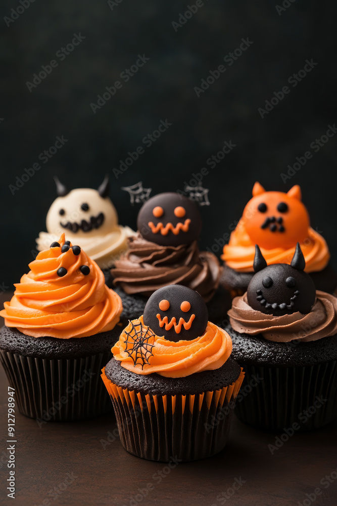 A variety of spooky Halloween cupcakes with monster faces and cobwebs A variety of spooky Halloween cupcakes with monster faces and cobwebs