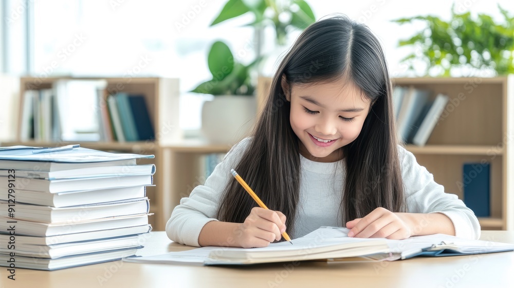 A cheerful young girl with curly hair enjoys drawing in her classroom, showcasing her creativity with a smile and a pencil in hand A cheerful young girl with curly hair enjoys drawing in her classroom, showcasing her creativity with a smile and a pencil in hand