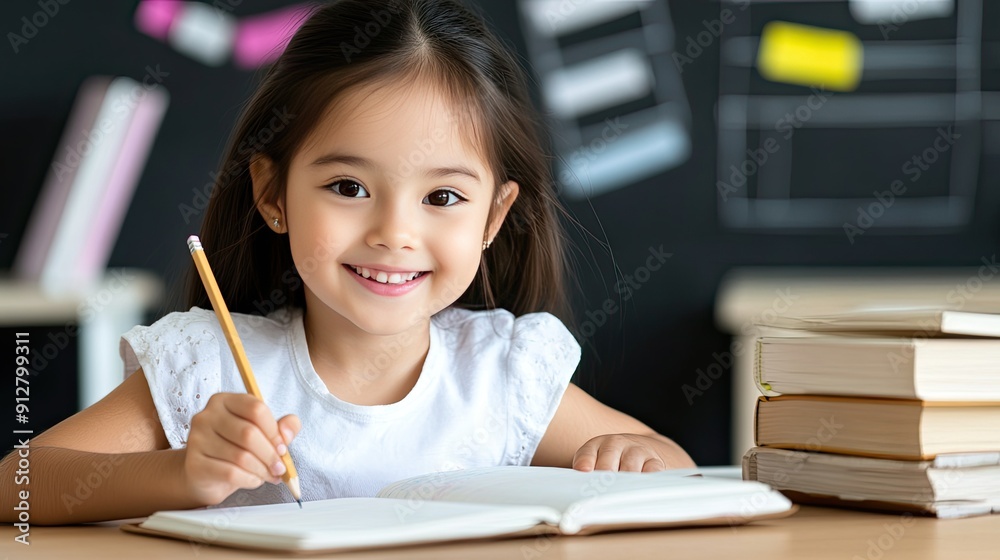 A cheerful young girl with curly hair enjoys drawing in her classroom, showcasing her creativity with a smile and a pencil in hand A cheerful young girl with curly hair enjoys drawing in her classroom, showcasing her creativity with a smile and a pencil in hand