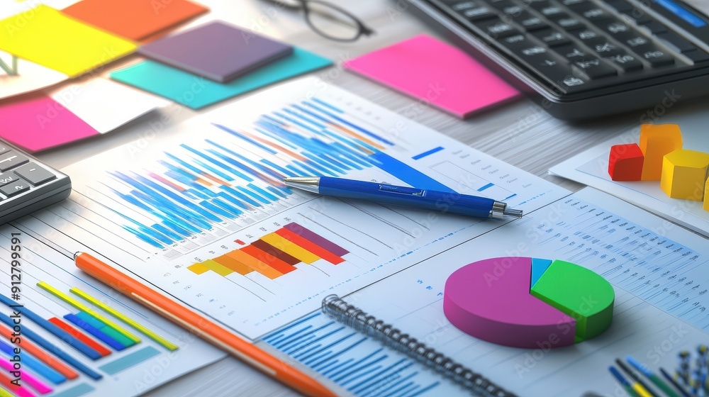 A desk with a calculator, pens, sticky notes, and graphs and charts. A desk with a calculator, pens, sticky notes, and graphs and charts.
