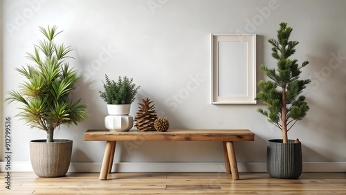 A Simple Yet Inviting Scandinavian Living Room Bench with Rustic Charm and Greenery generative AI