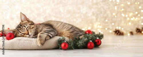 Adorable Kitten Sleeping Amidst Festive Holiday Decor