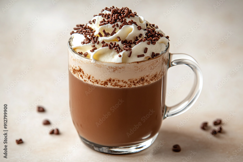 A mocha with whipped cream and chocolate sprinkles, served in a glass mug. A mocha with whipped cream and chocolate sprinkles, served in a glass mug.