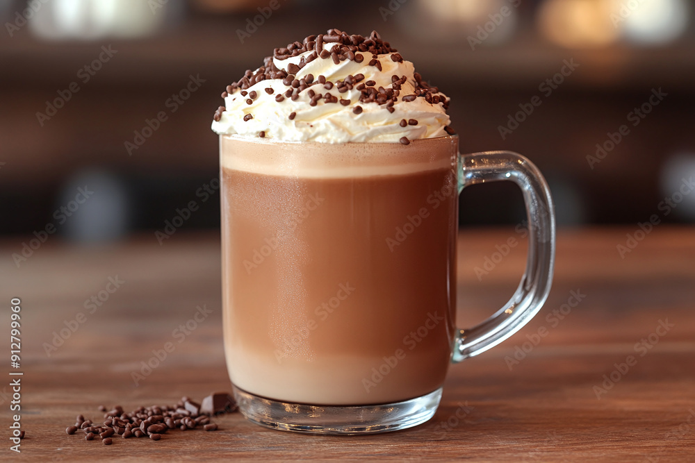 A mocha with whipped cream and chocolate sprinkles, served in a glass mug. A mocha with whipped cream and chocolate sprinkles, served in a glass mug.