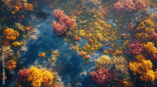 Vibrant autumn colors reflect in the calm waters, showcasing a serene landscape filled with rich hues of red, orange, and yellow foliage