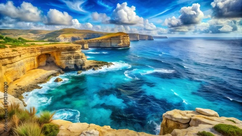 Gozo's Azure Embrace: A Watercolor Landscape of Serenity  generative AI photo