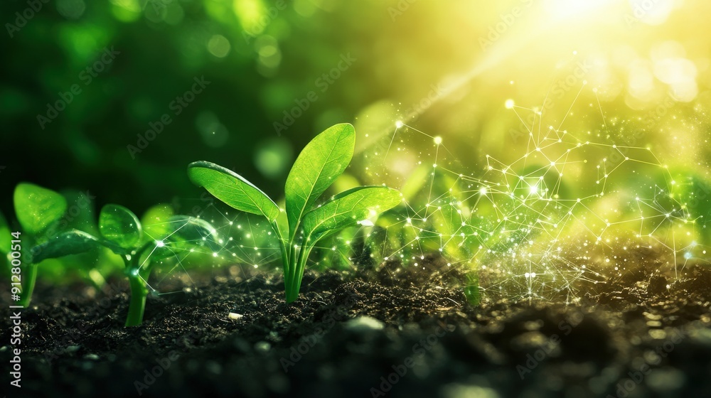 Green plant sprout growing from soil with digital network overlay, sunlight shines through bokeh background. Green plant sprout growing from soil with digital network overlay, sunlight shines through bokeh background.