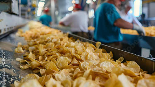 Workers are seen in the background making potato chips on an industrial line 