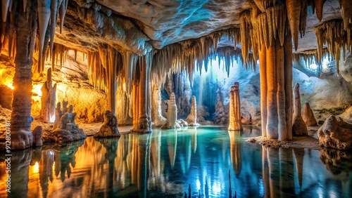 A mesmerizing dance of light and shadow within a cavern, where stalactites and stalagmites intertwine in a breathtaking spe  AI generated photo