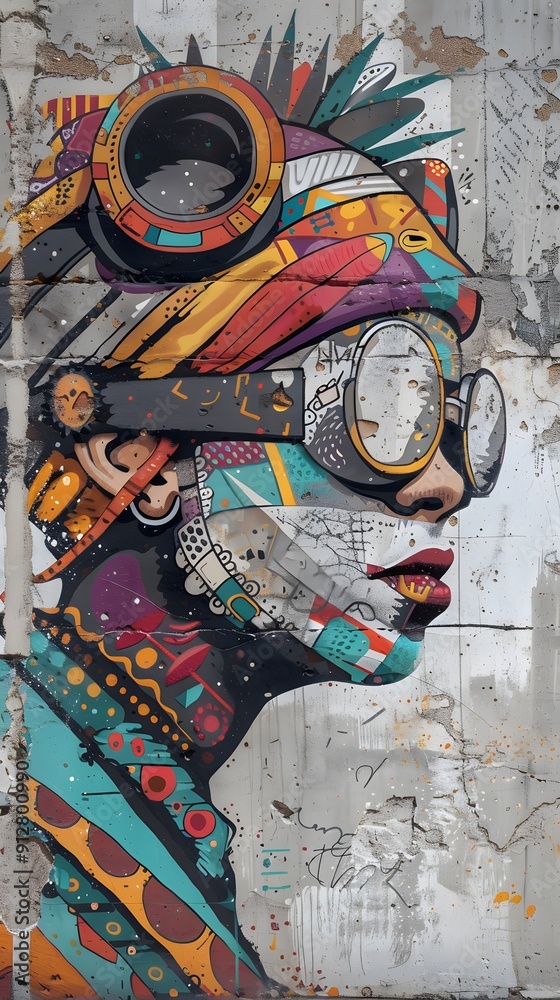 Fototapeta premium Colorful Graffiti Portrait of a Woman with Goggles on a Concrete Wall