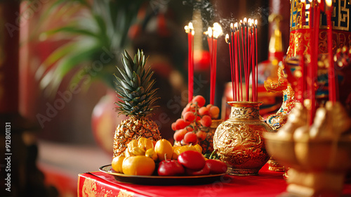 Photography of a close-up of red and gold decorations on a Chinese New Year altar, including fruits, candles, and incense  photo