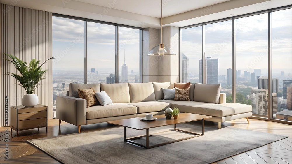 A Minimalist Beige Living Room with a Plush Sofa and a Geometric Coffee Table generative AI A Minimalist Beige Living Room with a Plush Sofa and a Geometric Coffee Table generative AI