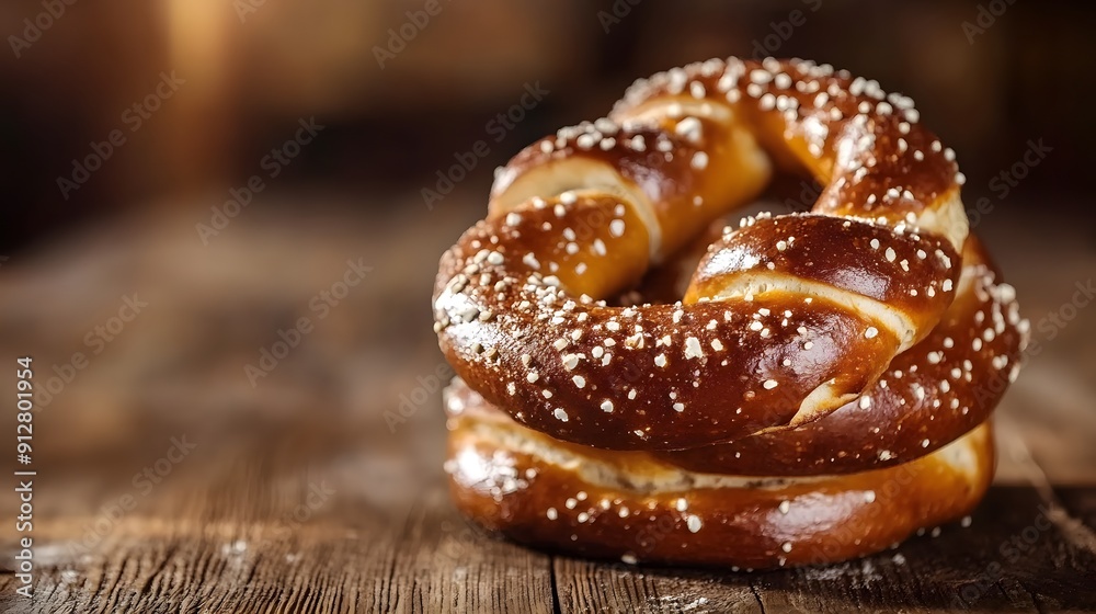 Freshly baked and golden pretzels on a wooden table Freshly baked and golden pretzels on a wooden table