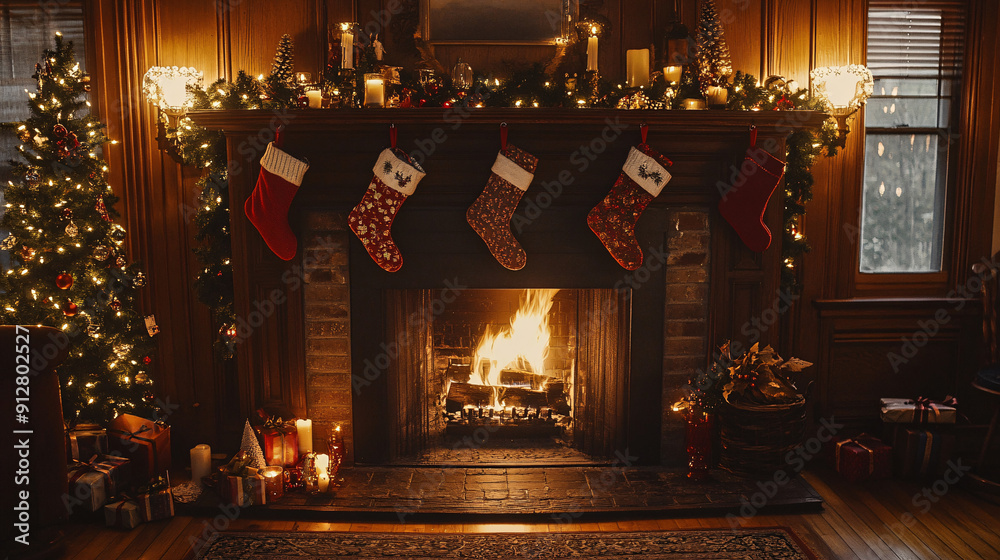 Photography of a cozy fireplace adorned with stockings, garlands, and candles, creating a warm Christmas atmosphere Photography of a cozy fireplace adorned with stockings, garlands, and candles, creating a warm Christmas atmosphere