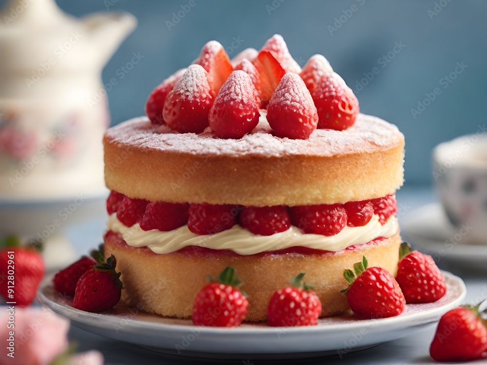 A close-up of the classic Victoria Strawberry Sponge Cake with Cream A close-up of the classic Victoria Strawberry Sponge Cake with Cream
