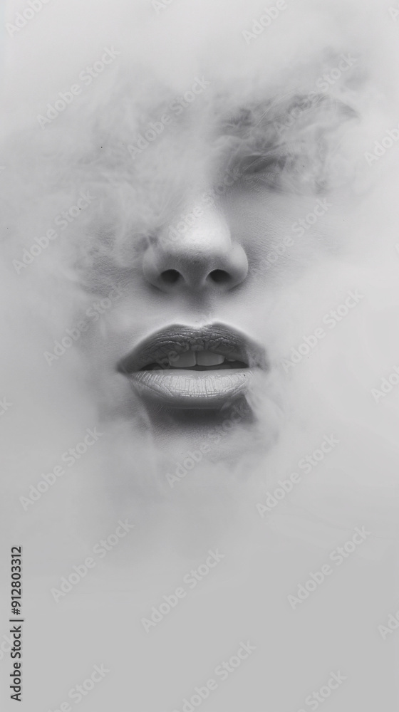 Artistic Monochrome Portrait of a Face Obscured by Swirling Mist, Highlighting Subtle Details and Textures, Ideal for Conceptual Art Artistic Monochrome Portrait of a Face Obscured by Swirling Mist, Highlighting Subtle Details and Textures, Ideal for Conceptual Art