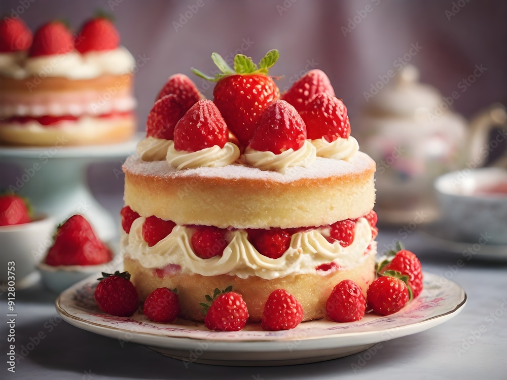 A close-up of the classic Victoria Strawberry Sponge Cake with Cream A close-up of the classic Victoria Strawberry Sponge Cake with Cream