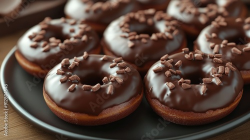 Close-up of chocolate donuts arranged on a plate, showcasing their rich texture and sweet toppings.