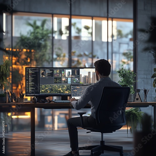 A businessman working in an office Sitting in front of the computer, working online
