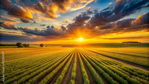 A Captivating Panorama of a Vast Agricultural Field Bathed in the Warm Embrace of Sunset AI Generated