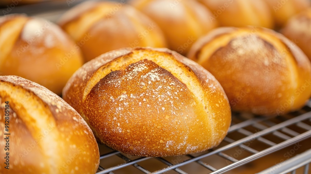 Close-up of golden bread loaves on a bakery rack, emphasizing their rustic texture and bakery freshness Close-up of golden bread loaves on a bakery rack, emphasizing their rustic texture and bakery freshness
