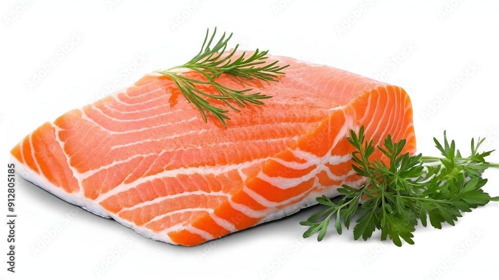 Salmon, fresh salmon fillet slices with herbs isolated on white background Salmon, fresh salmon fillet slices with herbs isolated on white background