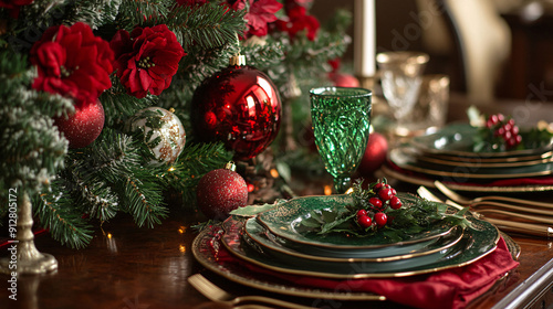 Photography of a close-up of a festive Christmas table setting with a red and green theme  photo