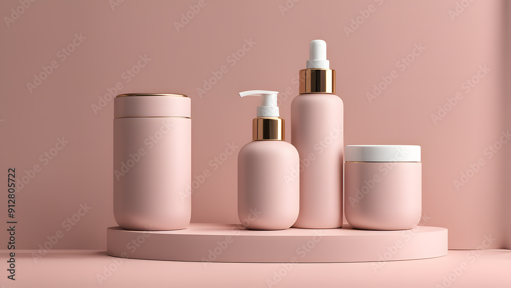 A row of pink bottles and containers are arranged on a pink background A row of pink bottles and containers are arranged on a pink background