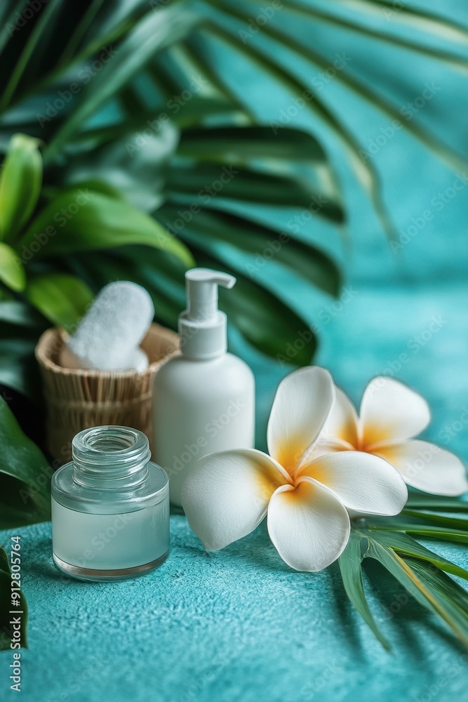 Skincare products on blue background Skincare products on blue background