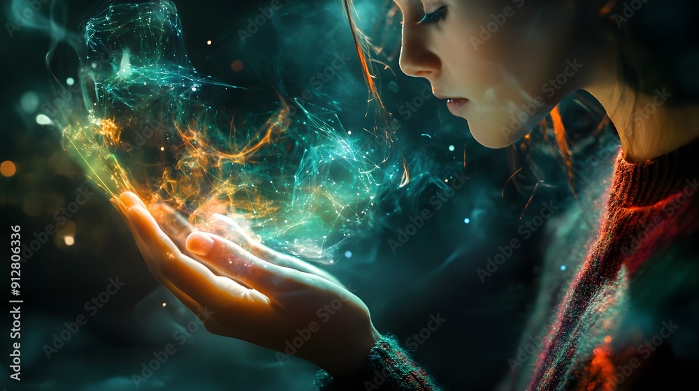 Mystical Glow: A young woman cradles a vibrant, luminous orb in her ...