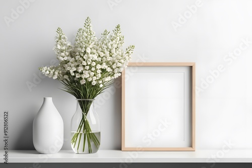 Frame Mockup With Flowers in Vase on Sideboard in a Serene Room - Template For Artwork, Painting, Photo Or Poster photo