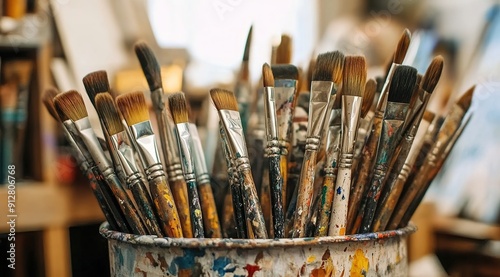 A collection of various art supplies, such as paintbrushes and brushes, arranged in an artistic display on the table.