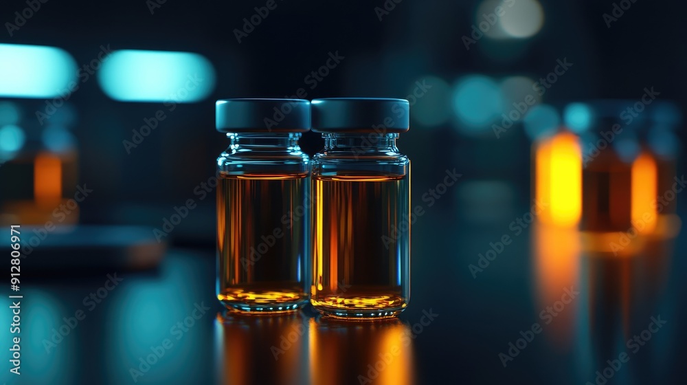 Glowing medical vials on a dark background Glowing medical vials on a dark background