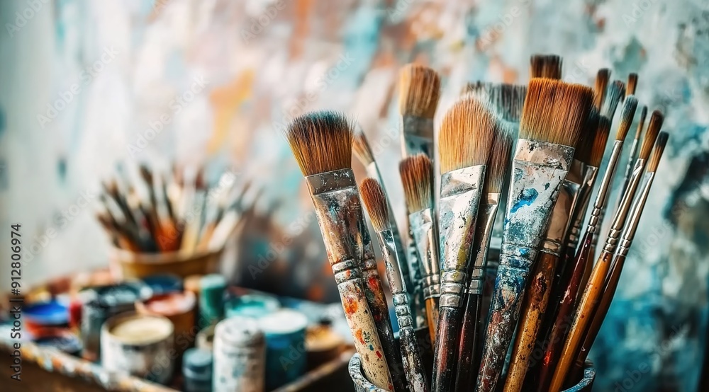 Fototapeta premium A collection of various art supplies, such as paintbrushes and brushes, arranged in an artistic display on the table.