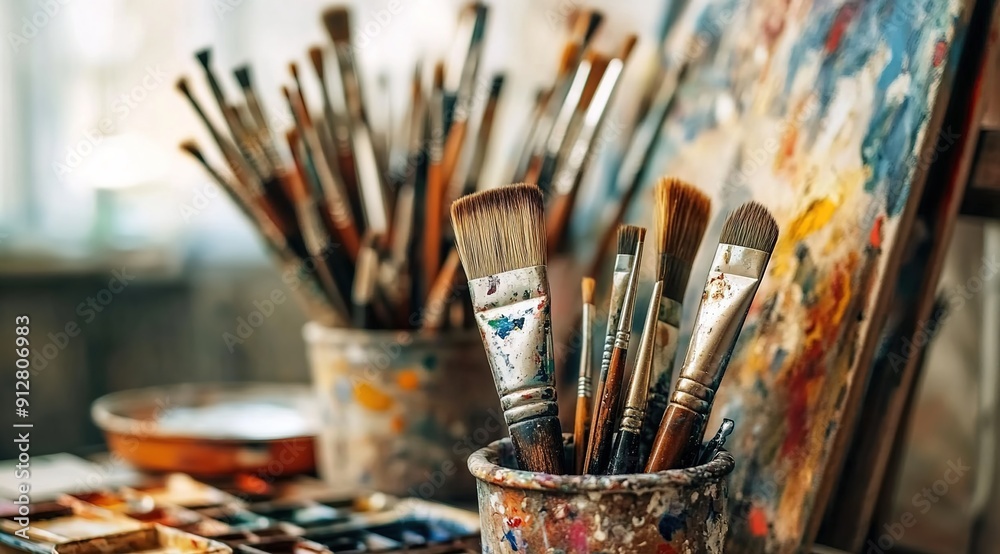 A collection of various art supplies, such as paintbrushes and brushes, arranged in an artistic display on the table. A collection of various art supplies, such as paintbrushes and brushes, arranged in an artistic display on the table.