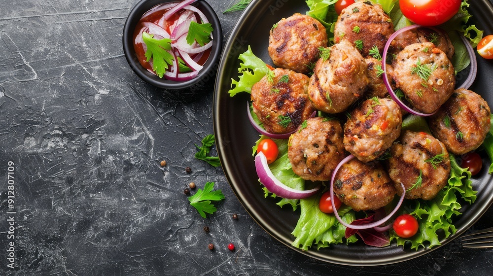 a plate of food item, kofta, nuggets, chicken cutlets with some salad around it. copy space a plate of food item, kofta, nuggets, chicken cutlets with some salad around it. copy space