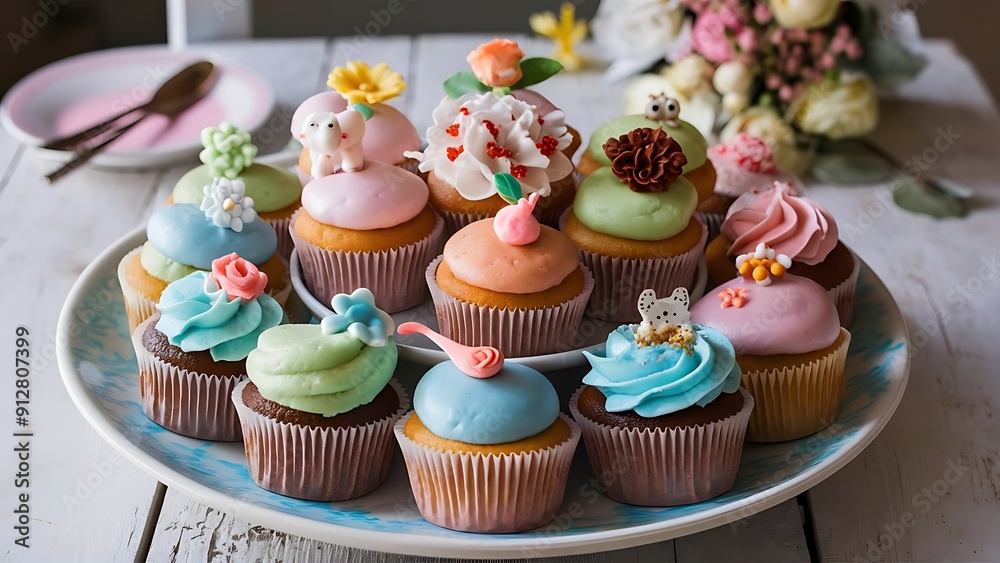 View of plate filled with delicious and sweet cupcake desserts View of plate filled with delicious and sweet cupcake desserts