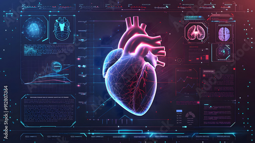 Futuristic medical research or heart cardiology health care with diagnosis vitals infographic biometrics for clinical and hospital design