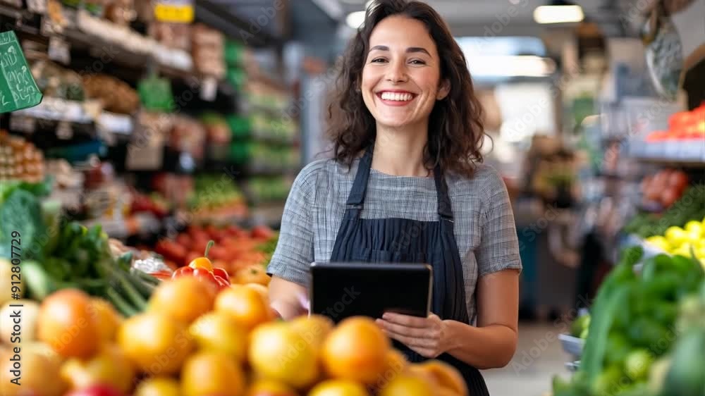 Happy woman store owner using a digital tablet in her grocery store. Ai Footage. Happy woman store owner using a digital tablet in her grocery store. Ai Footage.