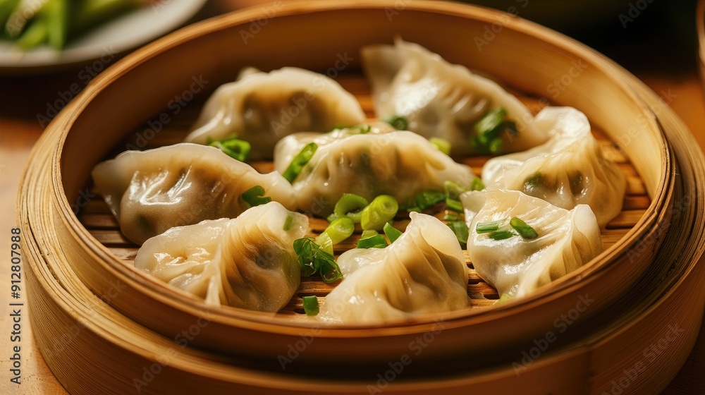 Delicious dumplings in a bamboo basket with fresh scallions, showcasing a traditional dish in an appetizing way.