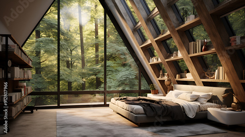 the interior of the guest room in the loft style ,a luxurious cabin with a large bed, bookshelves, and a view of the forest