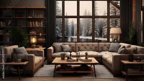 Elegant Minimalist Living Room Interior with Lush Greenery and Modern Furniture Design Aesthetic ,Luxury home interior with modern architecture