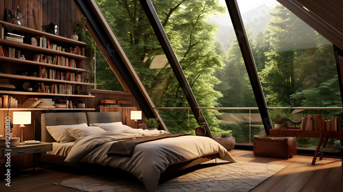 the interior of the guest room in the loft style ,a luxurious cabin with a large bed, bookshelves, and a view of the forest